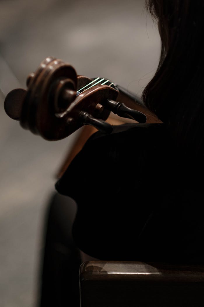 about-bg Close-up view of a violinist playing a string instrument in a dark setting, capturing the essence of music.